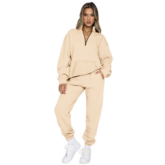Damen nan French‑Terry Relax‑Loungewear‑Set mit halbem Reißverschluss, Kängurutasche und taillierter, schmal zulaufender Jogginghose Shop Nory