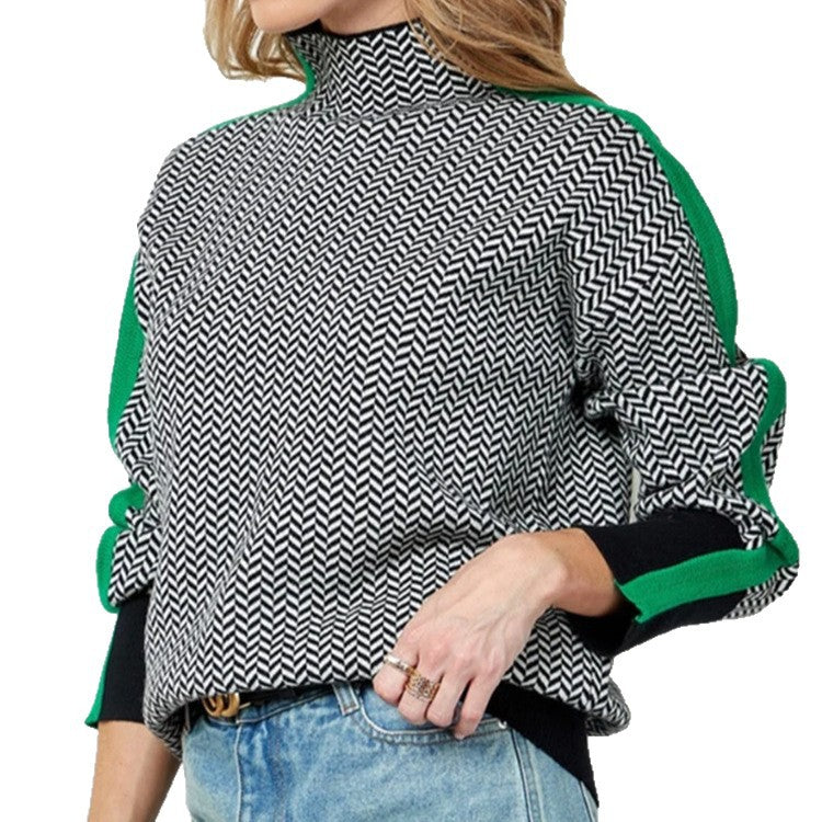 Damen Feinstrickpullover mit geometrischem Jacquardmuster, Stehkragen und Kontrastband Shop Nory