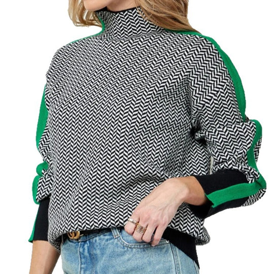 Damen Feinstrickpullover mit geometrischem Jacquardmuster, Stehkragen und Kontrastband Shop Nory