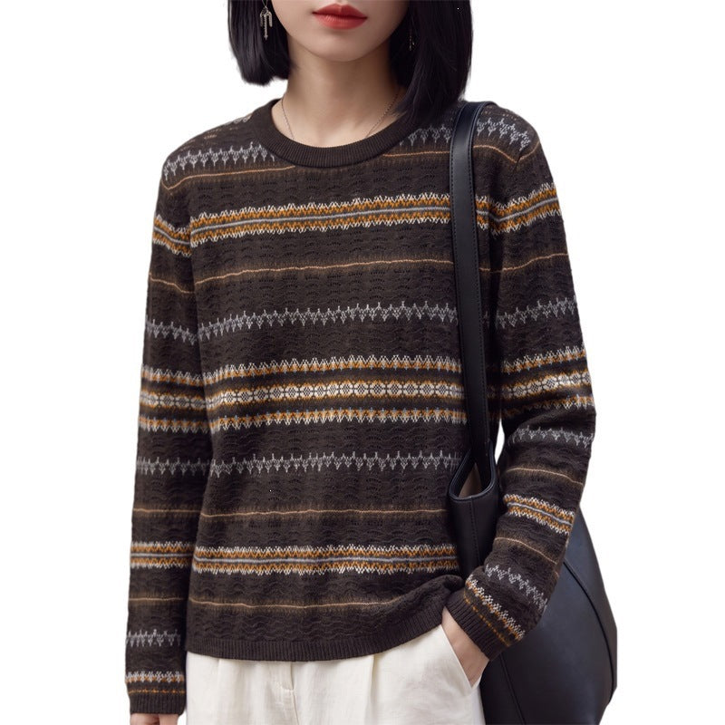 Damen Leichter Fair‑Isle Feinstrickpullover mit Rundhalsausschnitt und feiner Streifenstruktur Shop Nory
