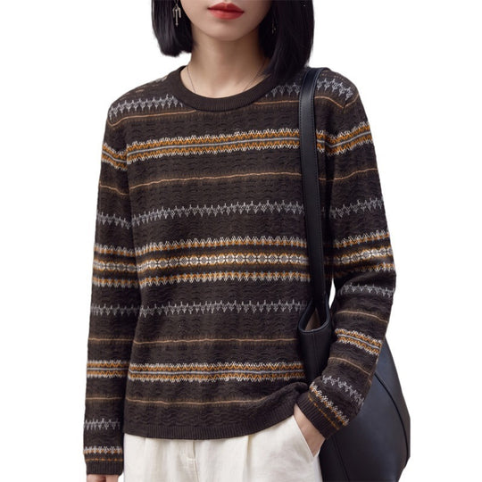 Damen Leichter Fair‑Isle Feinstrickpullover mit Rundhalsausschnitt und feiner Streifenstruktur Shop Nory