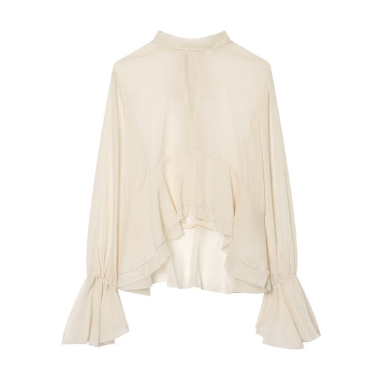 Damen Transparente Chiffonbluse mit Volant-Rücken und Glockenärmeln Shop Nory