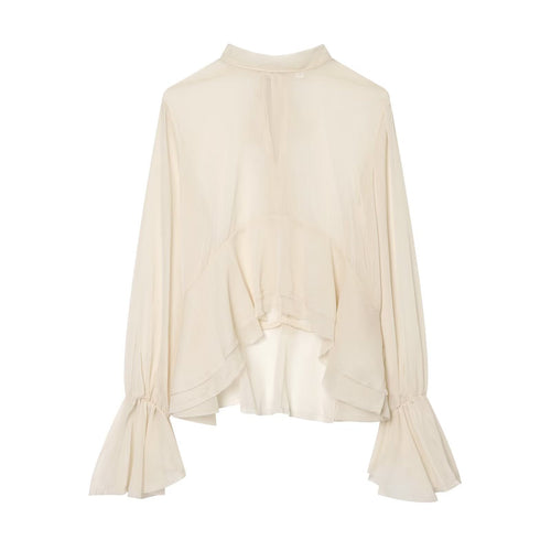 Damen Transparente Chiffonbluse mit Volant-Rücken und Glockenärmeln Shop Nory