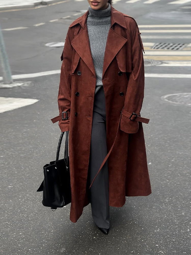Damen langer Trenchcoat aus Veloursimitat mit doppelter Knopfleiste Shop Nory