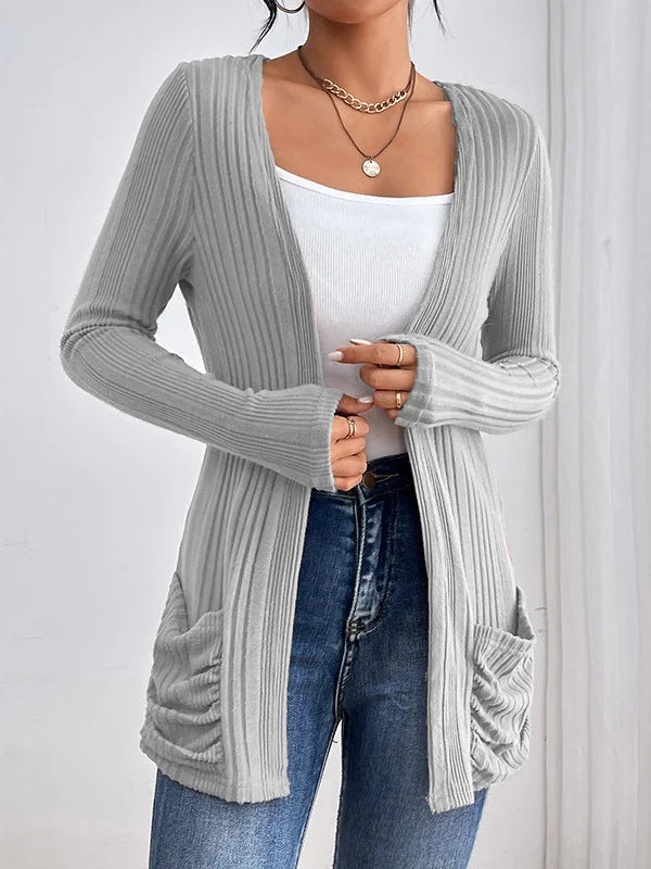 Damen Gerippter Langcardigan mit offener Front, Eingrifftaschen und legerer Passform Shop Nory