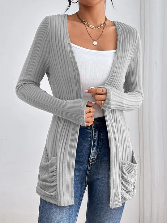 Damen Gerippter Langcardigan mit offener Front, Eingrifftaschen und legerer Passform Shop Nory