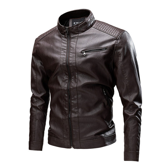 Herren Schmale Kunstleder-Bikerjacke mit Stehkragen und Ziersteppungen Shop Nory