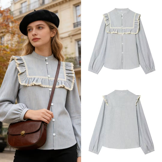 Damen Gestreifte Baumwollbluse mit quadratischer Brustpasse, Volant und Spitzenbesatz Shop Nory