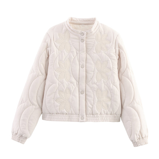 Damen Kurzer gesteppter Blouson mit floraler Stepp-Applikation, Stehkragen und elastischem Bund Shop Nory