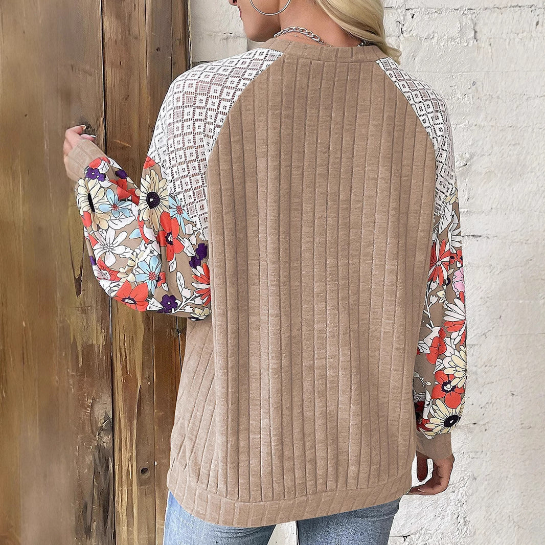 Damen Pullover mit Rippenstruktur, Häkel-Raglan und geblümten Ballonärmeln Shop Nory