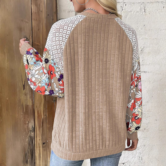 Damen Pullover mit Rippenstruktur, Häkel-Raglan und geblümten Ballonärmeln Shop Nory