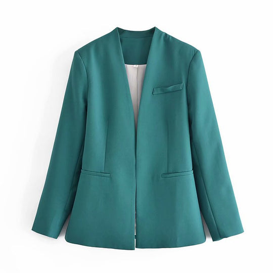 Damen Taillierter Blazer ohne Revers mit offener Front und Paspeltaschen Shop Nory
