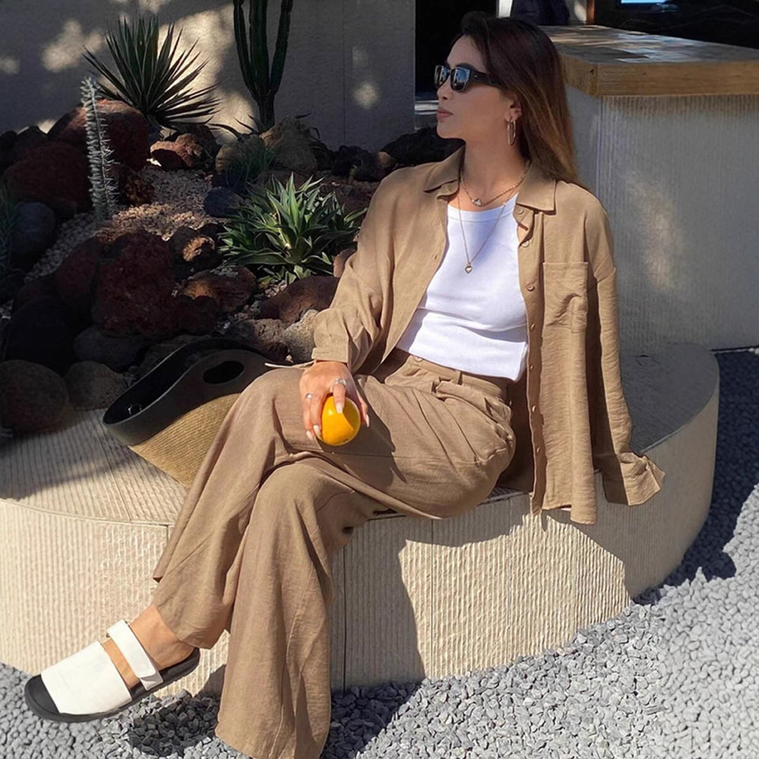 Damen entspanntes Leinen Lounge Set mit Oversize Hemd und Kordelbund Palazzohose Shop Nory