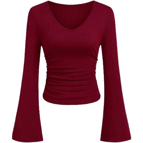 Damen Geripptes Cropped-Top mit V-Ausschnitt, taillierter Raffung und ausgestellten Trompetenärmeln Shop Nory