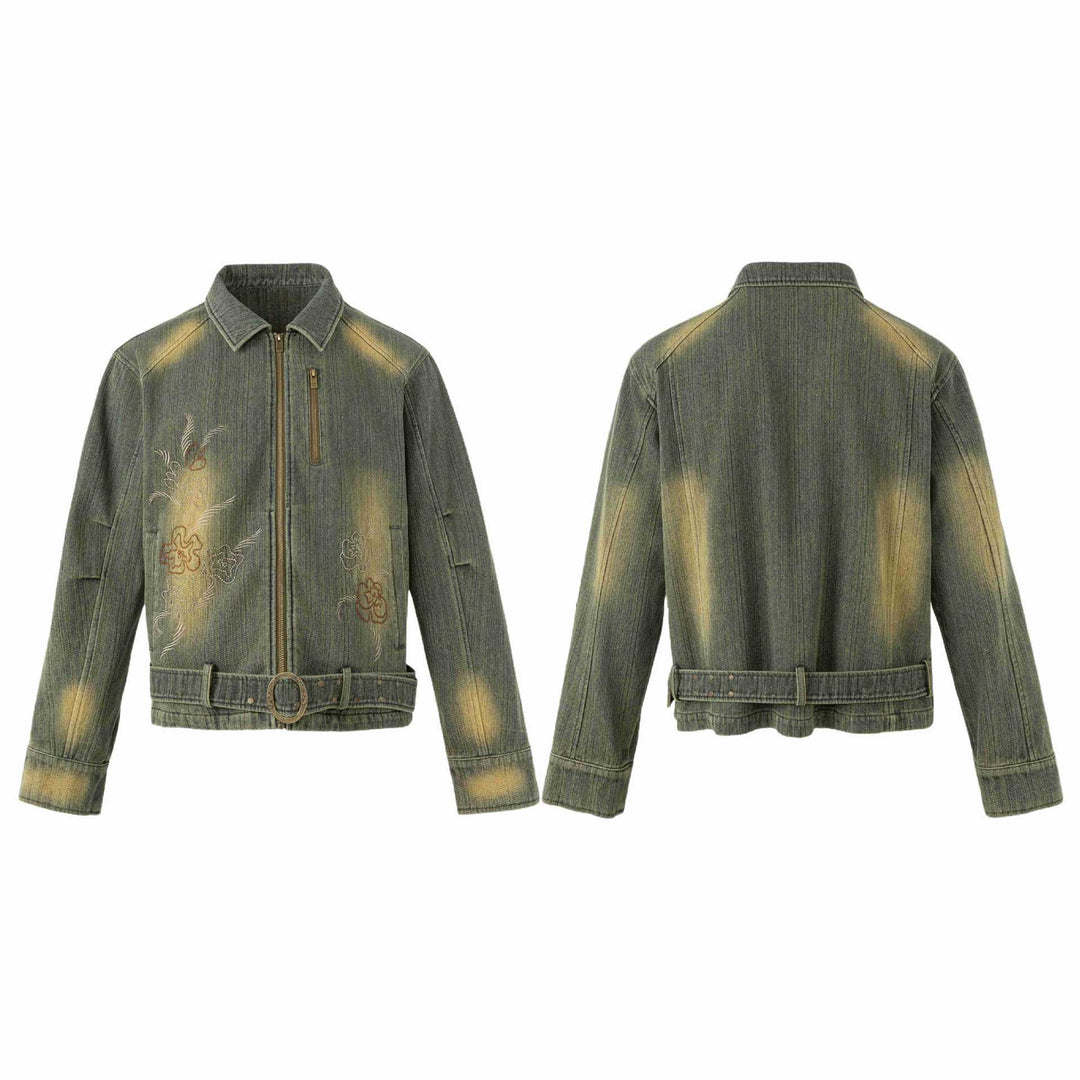 Damen Bestickte kurze Denim-Blousonjacke mit Taillengürtel und Reißverschluss Shop Nory