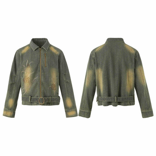 Damen Bestickte kurze Denim-Blousonjacke mit Taillengürtel und Reißverschluss Shop Nory
