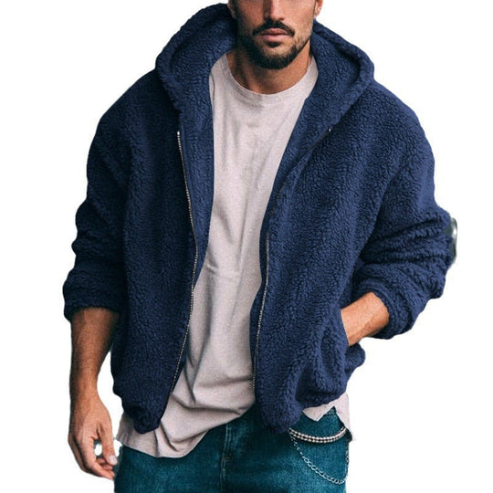Herren kuschelige Fleecejacke mit großzügiger Kapuze und Reißverschluss