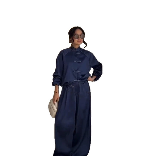 Damen Satin-Zweiteiler mit traditionellen Knebelverschlüssen und weitem Hosenrock Shop Nory