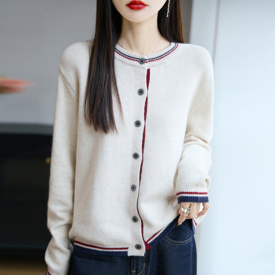 Damen Lockerer Feinstrick-Cardigan mit Kontraststreifen an Kragen und Bündchen Shop Nory