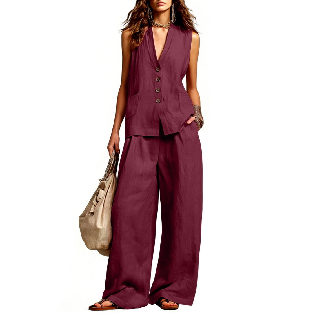 Damen Ärmelloses Longline-Westen und Palazzo-Hosen Set aus Leinenoptik Shop Nory
