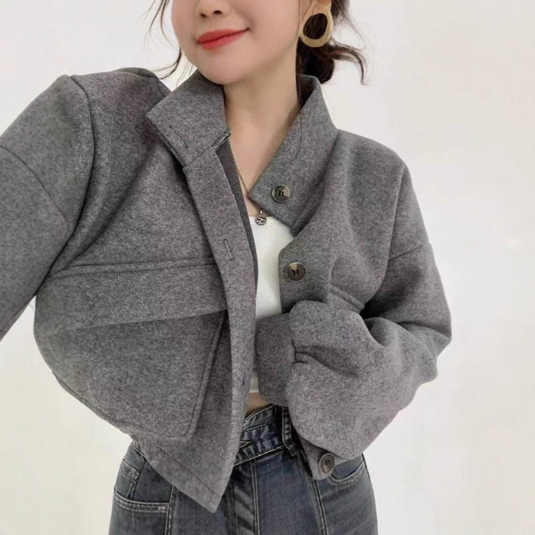 Damen Kurze Oversize-Wolloptik-Jacke mit Stehkragen und Ballonärmeln Shop Nory