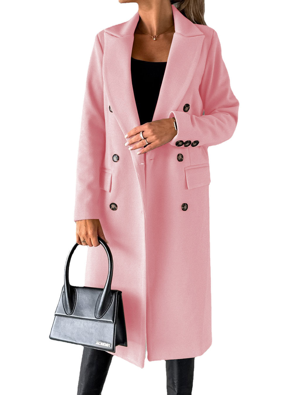 Damen klassischer langer Doppelreiher Mantel mit Reverskragen und Pattentaschen Shop Nory
