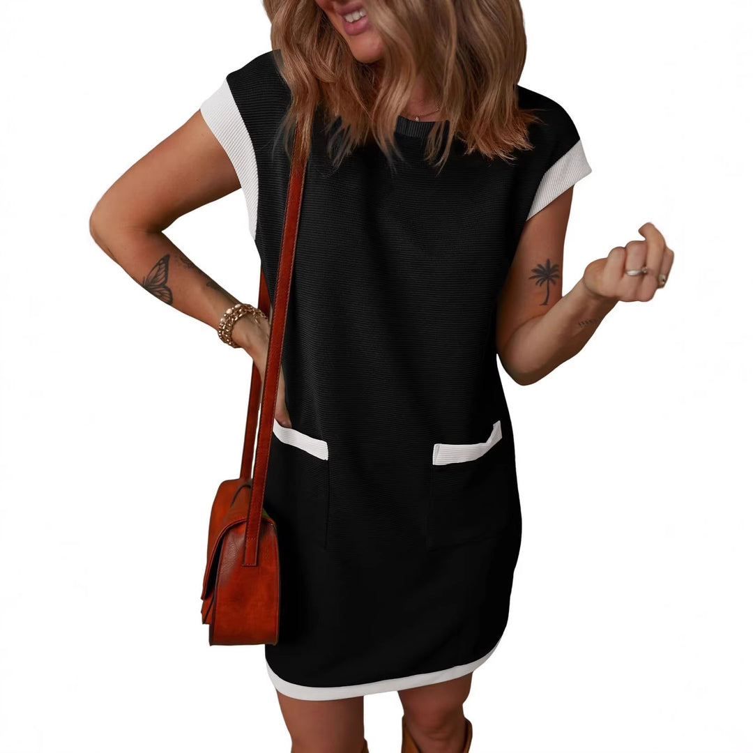 Damen Ärmelloses A-Linien-Shiftkleid mit Kontrastkanten, aufgesetzten Taschen und strukturierter Rippoptik Shop Nory