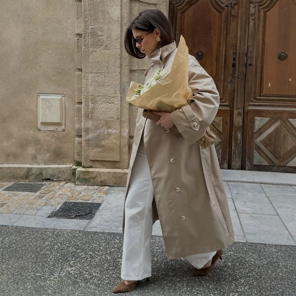 Damen Maxi-Trenchcoat mit hohem Stehkragen, doppelreihiger Knopfleiste & Taillengürtel Shop Nory
