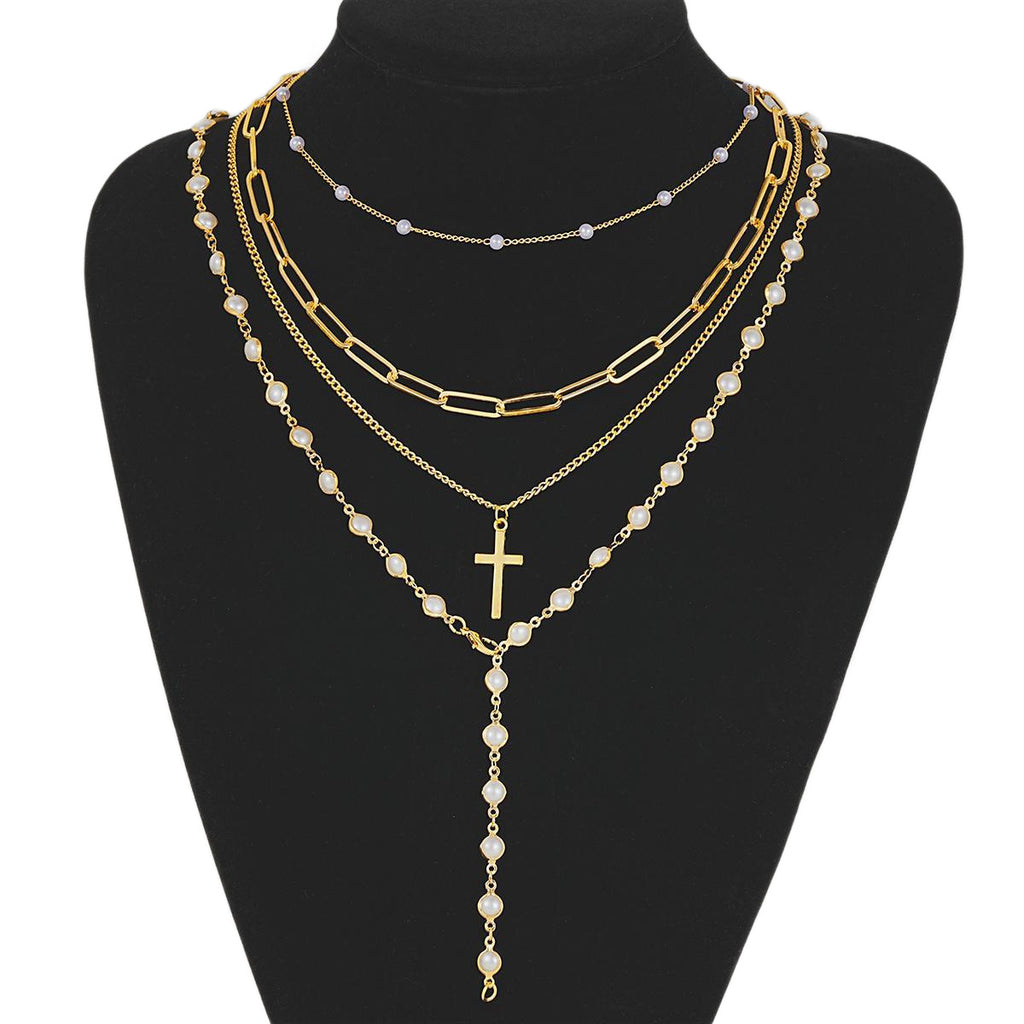 Damen mehrlagige Halskette mit elegantem Kreuzanhänger und Perlendetails Shop Nory
