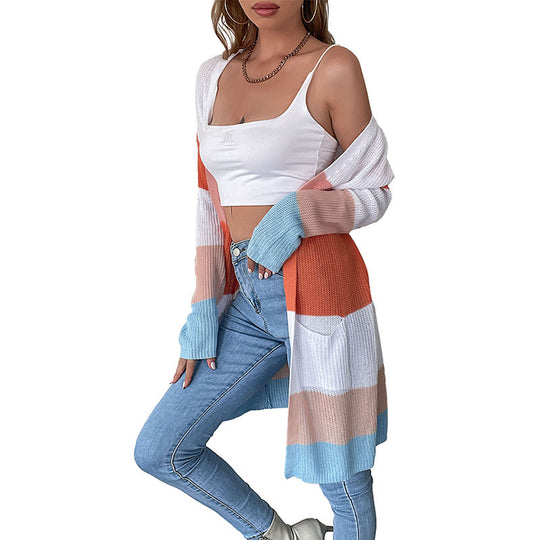 Damen Longline Feinstrick-Cardigan mit bunten Blockstreifen und seitlichen Eingrifftaschen Shop Nory