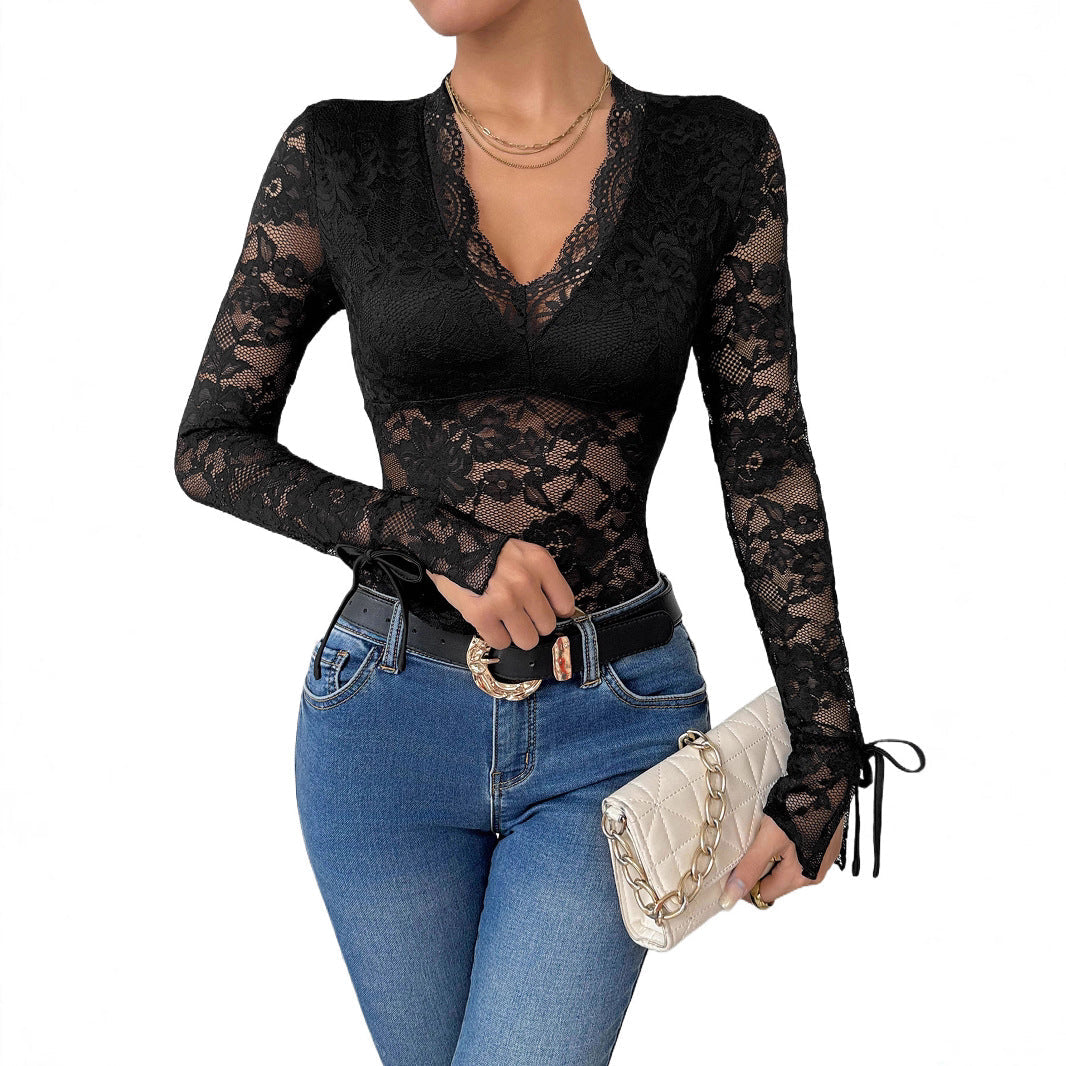 Damen Figurbetonter Spitzen-Body mit V-Ausschnitt, transparenter Blumen-Spitze und Ärmelbindern Shop Nory
