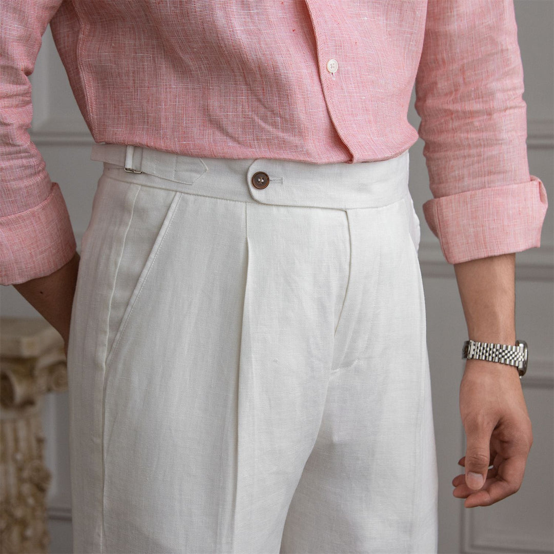 Herren Leinenhose mit hoher Taille, Bundfalten und verstellbarem Seitenriegel Shop Nory