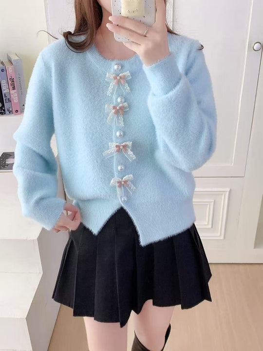 Damen Flauschige Strickjacke mit Perlen und Rüschendetails Shop Nory