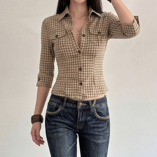 Damen nan taillierte Dreiviertelarm Karobluse mit Brustpattentaschen und Hemdkragen Shop Nory