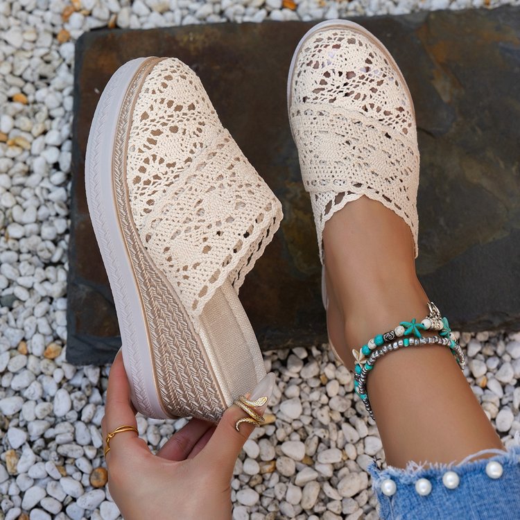 Damen nan gehäkelte Plateau-Slipper mit Jute-Details und Memory-Fußbett Shopnory