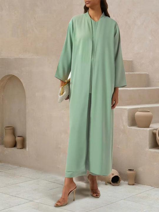 Damen Fließender Maxi-Kaftan-Mantel mit offenem Vorderteil und minimalistischem Stehkragen Shop Nory