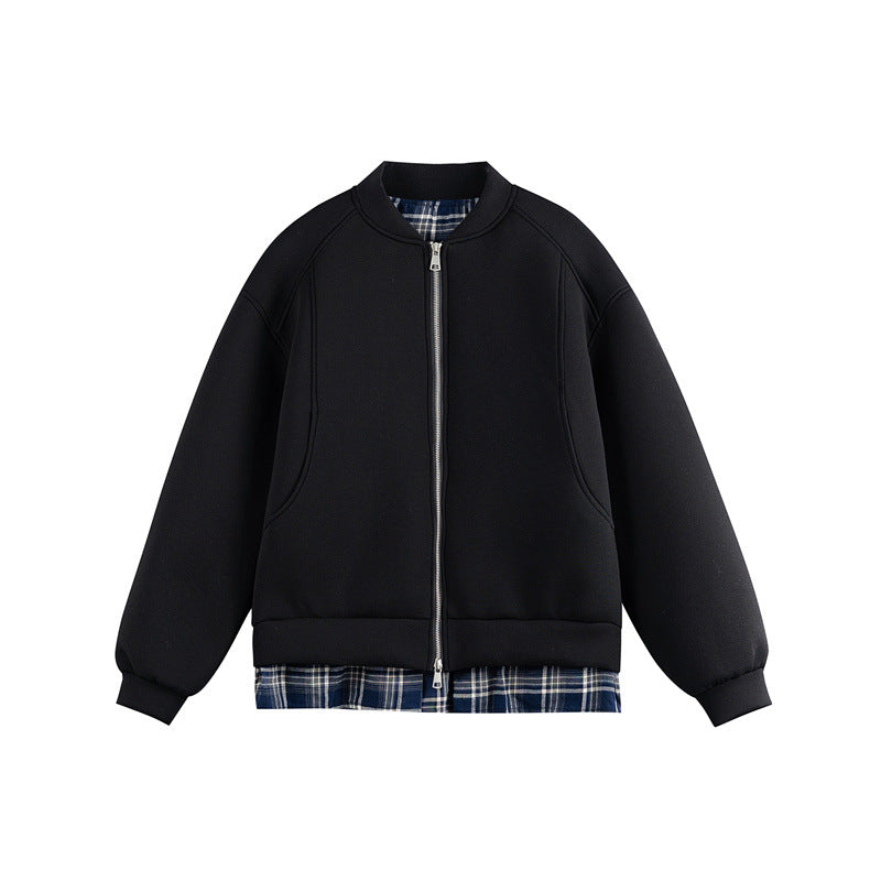 Damen Zwei‑in‑Eins Bomber‑Sweatjacke mit Karo‑Layer‑Einsatz und Stehkragen Shop Nory
