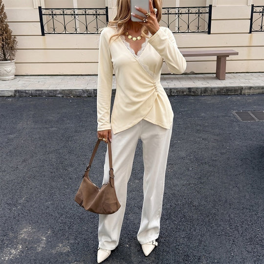 Damen Wickel-Longsleeve mit Spitzenbesatz und seitlicher Raffung Shop Nory
