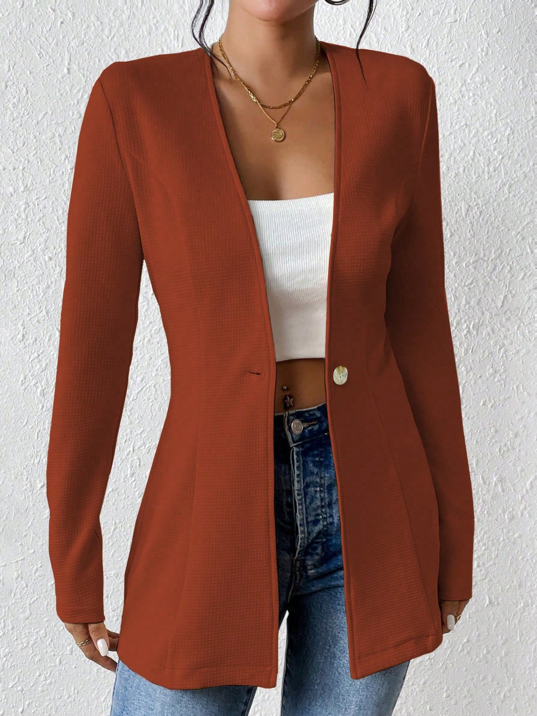 Damen Taillierter kragenloser Longblazer mit Ein-Knopf-Verschluss Shop Nory
