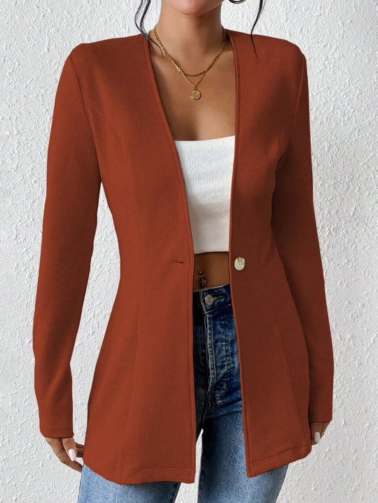 Damen Taillierter kragenloser Longblazer mit Ein-Knopf-Verschluss Shop Nory