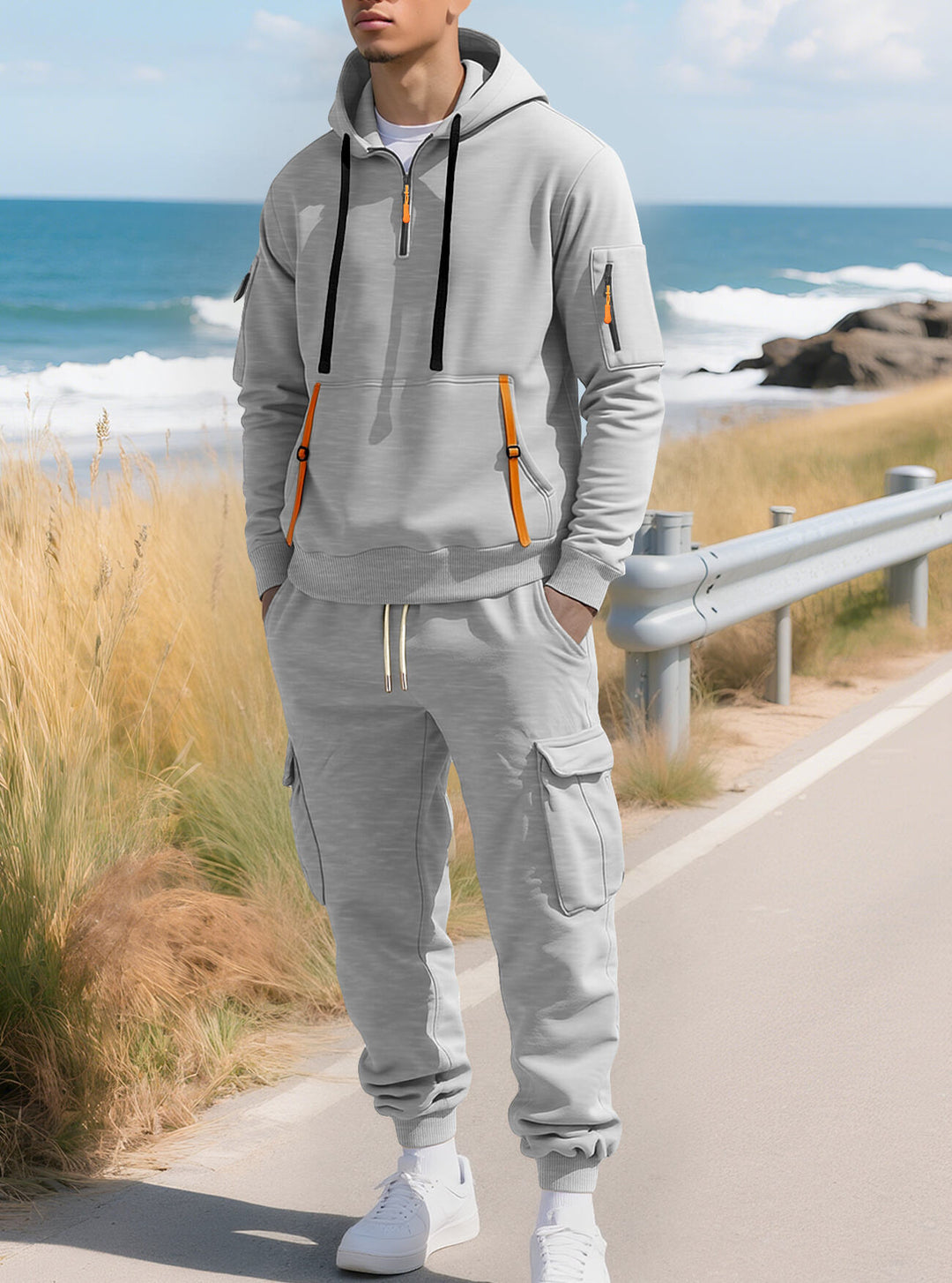 Herren Kapuzensweatshirt mit Utility-Taschen, Halbzip und kontrastierenden Reißverschlüssen Shop Nory