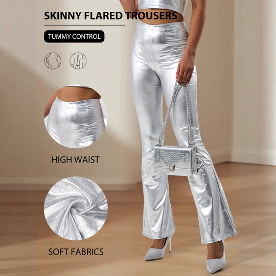 Damen High-Waist Metallic-Schlaghose mit formendem Stretchbund und eleganter Bootcut-Passform Shopy Nory