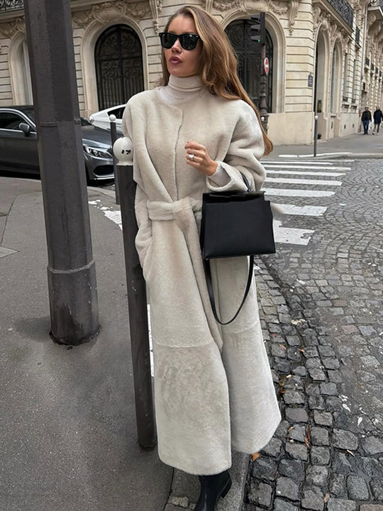 Damen Oversize Langer Kunstfell-Mantel mit Taillengürtel und Stehkragen Shop Nory