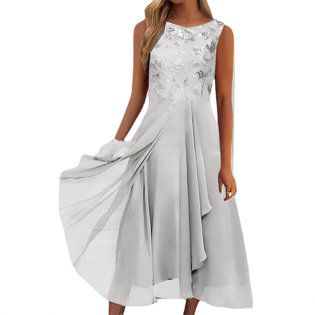 Damen nan ärmelloses Chiffon-Midikleid mit bestickter Brustpartie und asymmetrischem Lagenrock