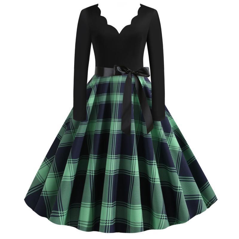 Damen Retro‑Swingkleid mit gezacktem Herzausschnitt, tailliertem Langarmoberteil und karierter Tellerrock Shop Nory