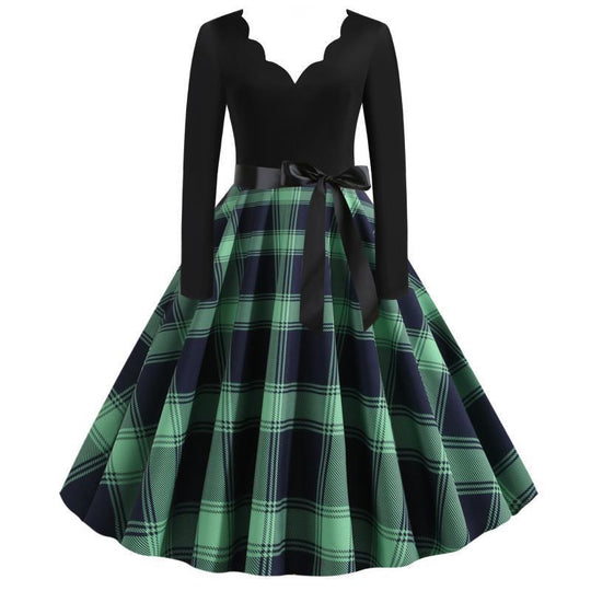 Damen Retro‑Swingkleid mit gezacktem Herzausschnitt, tailliertem Langarmoberteil und karierter Tellerrock Shop Nory