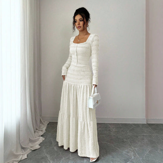 Damen Figurbetontes strukturiertes Maxikleid mit quadratischem Ausschnitt und Knopfleiste Shop Nory
