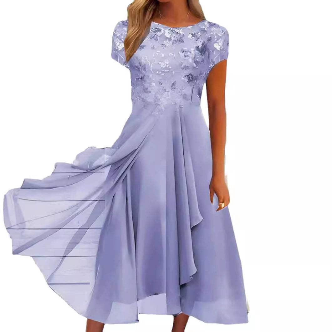 Damen nan elegantes Chiffon-Midikleid mit floraler Spitzenapplikation und fließendem Tellerrock
