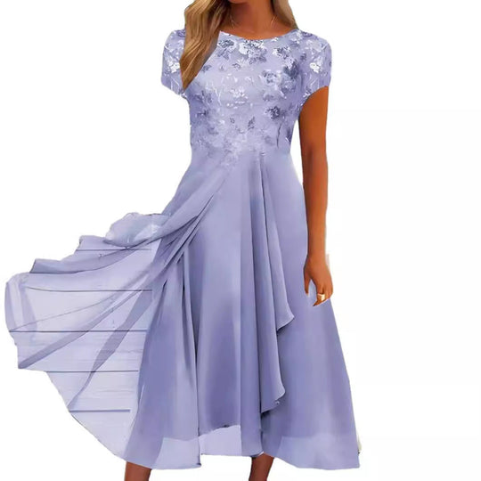Damen nan elegantes Chiffon-Midikleid mit floraler Spitzenapplikation und fließendem Tellerrock
