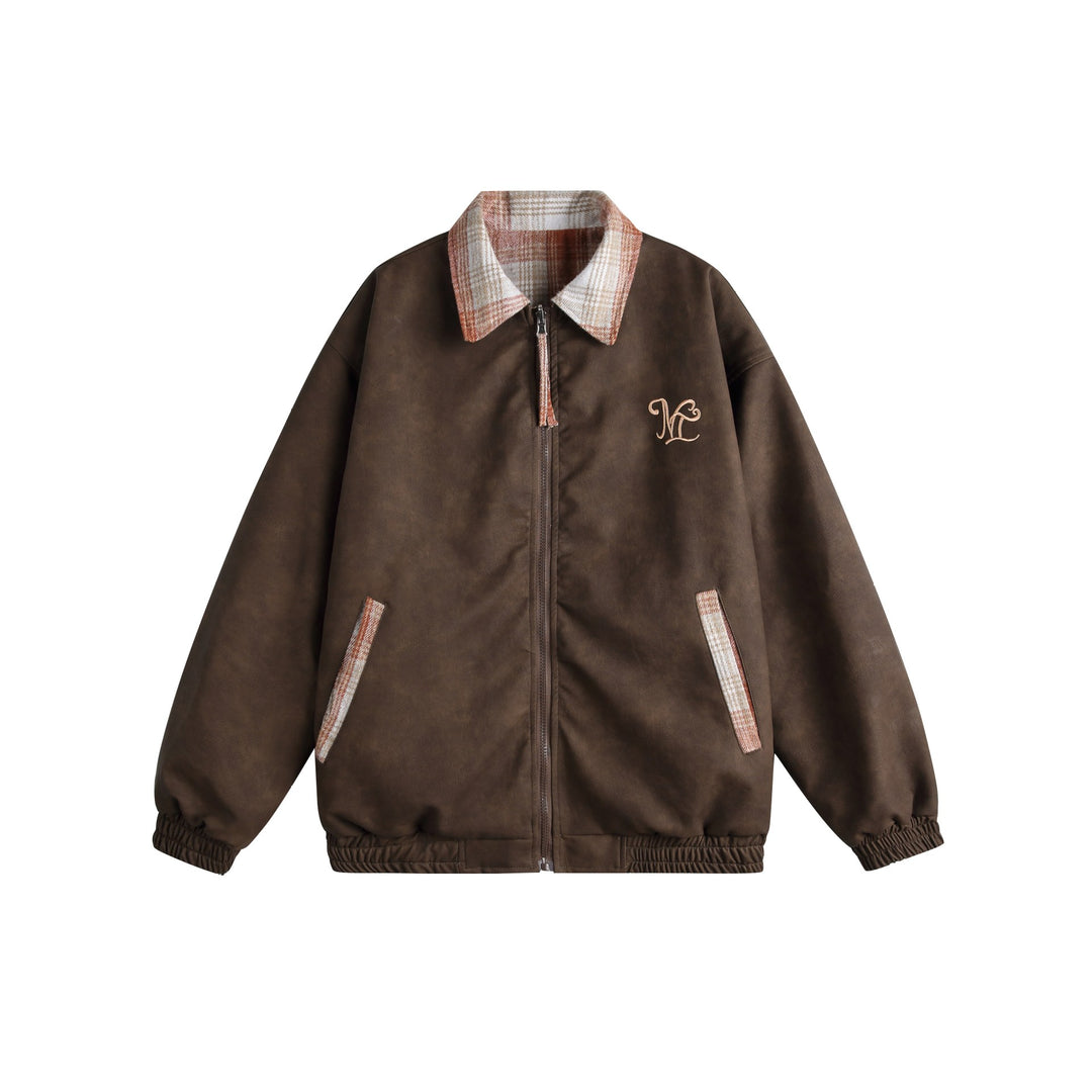Damen Kurz geschnittene Boxy‑Jacke aus Wildleder‑Optik mit kariertem Kragen und elastischem Saum Shop Nory